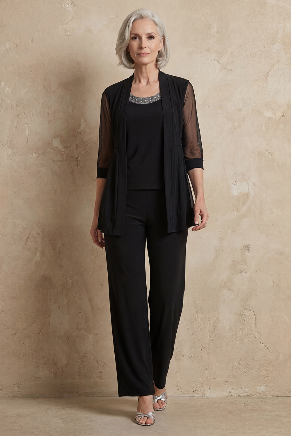Sparkly Black Beaded Boat Neck 3 Piece Mother of the Bride Pant Suits with Jacket