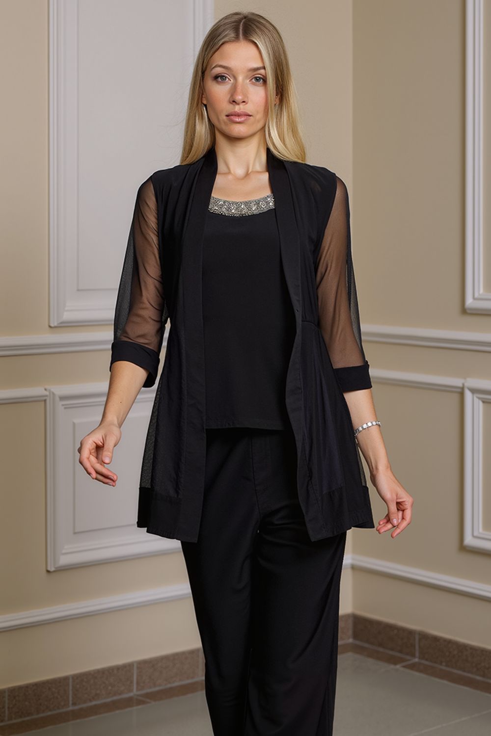 Sparkly Black Beaded Boat Neck 3 Piece Mother of the Bride Pant Suits with Jacket