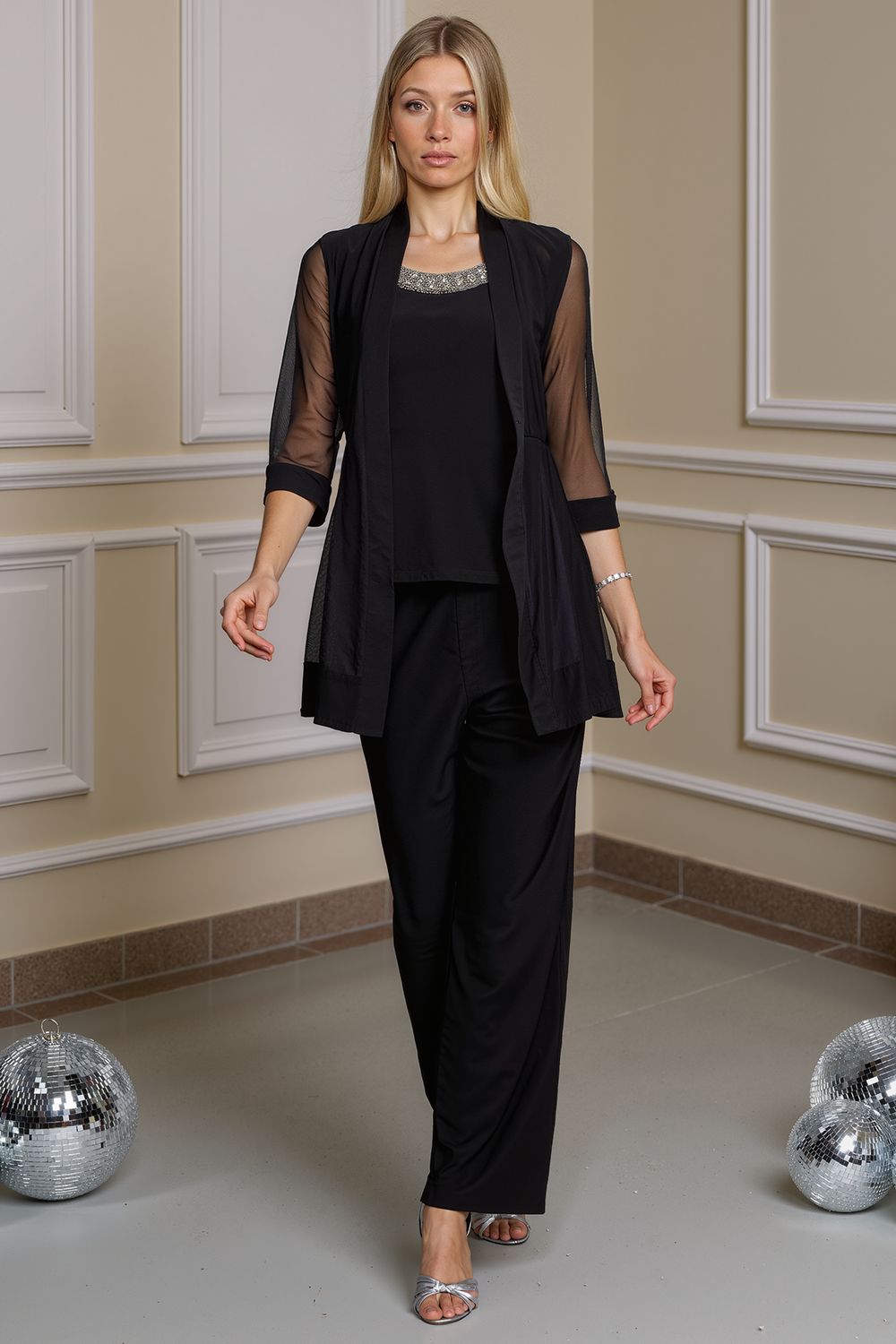 Sparkly Black Beaded Boat Neck 3 Piece Mother of the Bride Pant Suits with Jacket