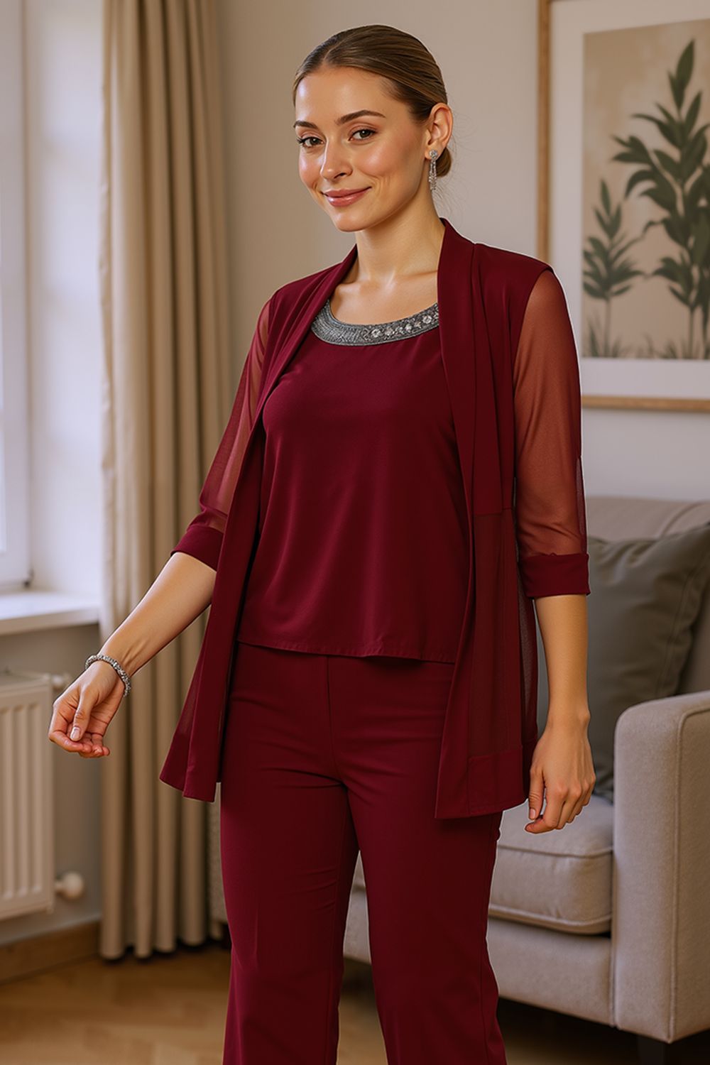 Sparkly Black Beaded Boat Neck 3 Piece Mother of the Bride Pant Suits with Jacket