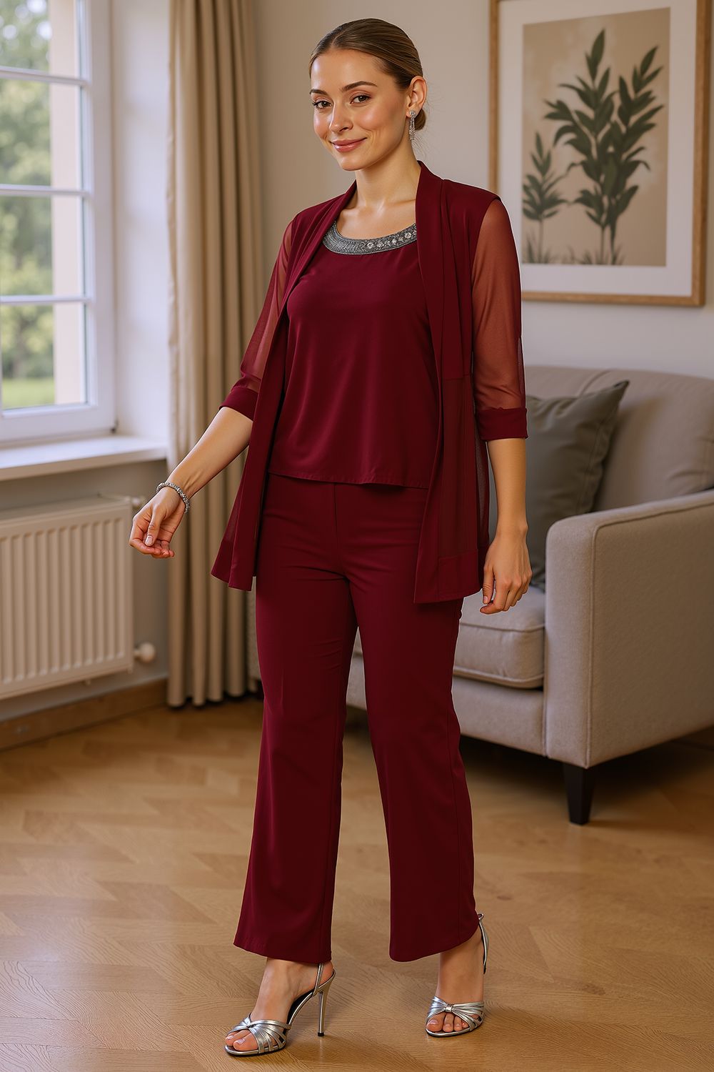 Sparkly Black Beaded Boat Neck 3 Piece Mother of the Bride Pant Suits with Jacket