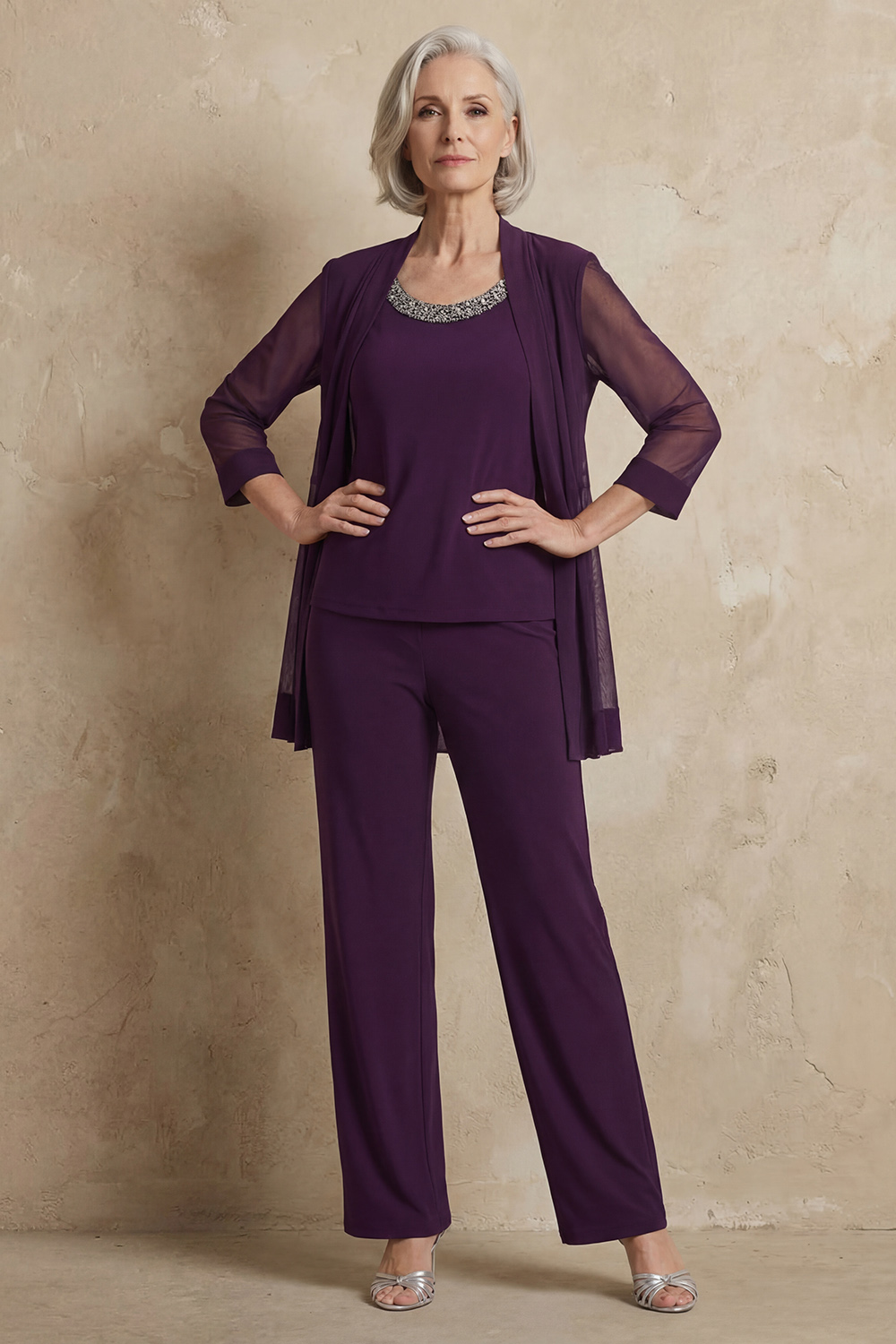 Sparkly Black Beaded Boat Neck 3 Piece Mother of the Bride Pant Suits with Jacket