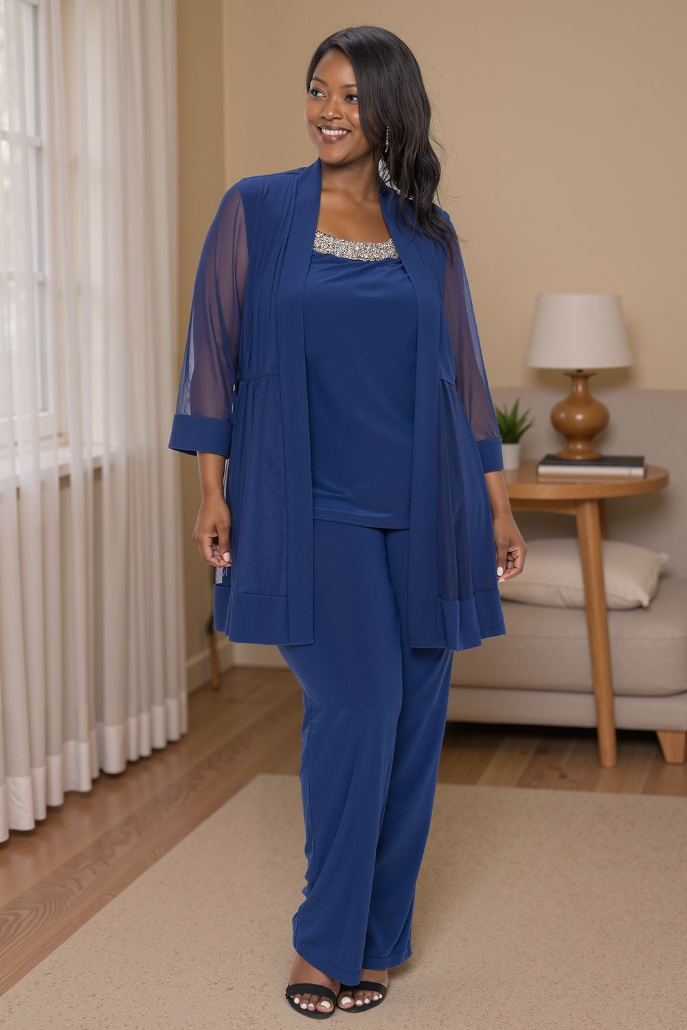 Sparkly Black Beaded Boat Neck 3 Piece Mother of the Bride Pant Suits with Jacket