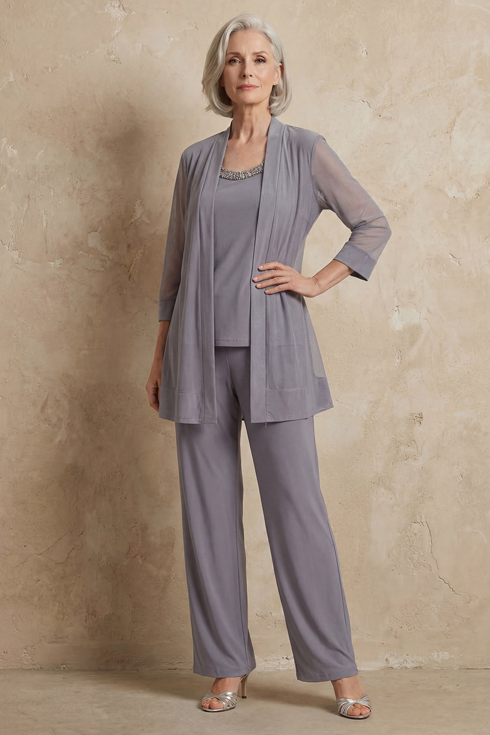 Sparkly Black Beaded Boat Neck 3 Piece Mother of the Bride Pant Suits with Jacket