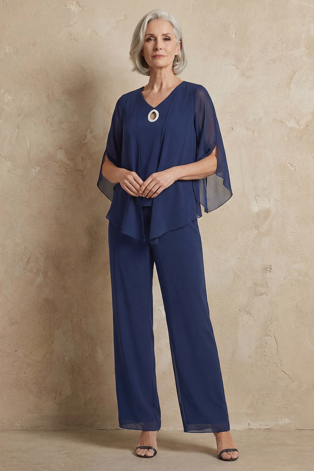 Navy V-Neck Chiffon 3 Piece Mother of the Bride Pant Suits with Jacket