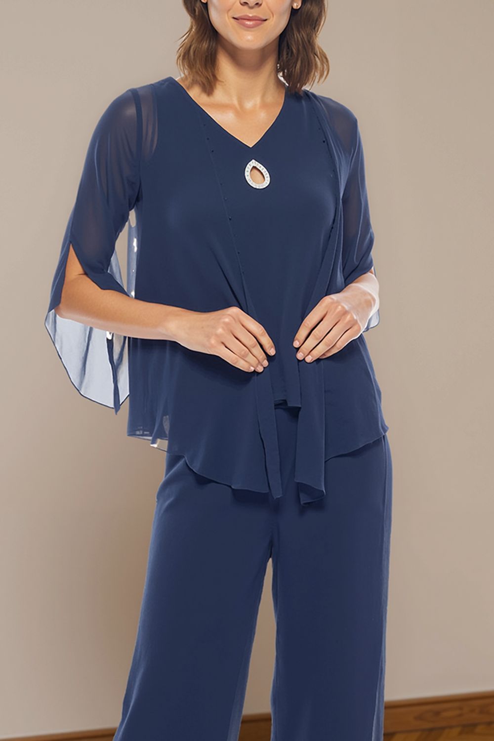 Navy V-Neck Chiffon 3 Piece Mother of the Bride Pant Suits with Jacket