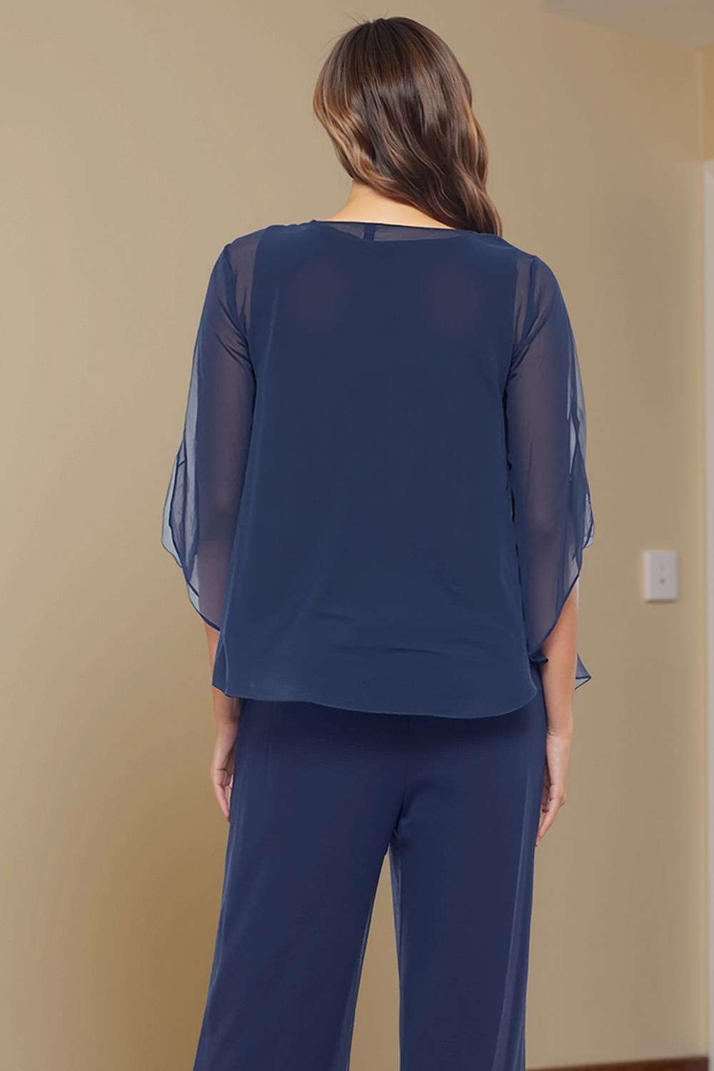 Navy V-Neck Chiffon 3 Piece Mother of the Bride Pant Suits with Jacket