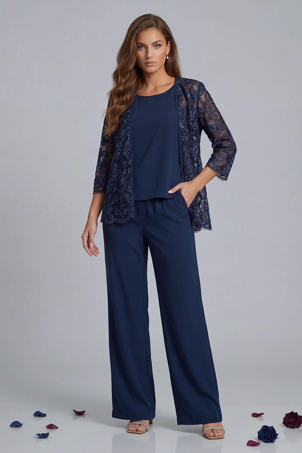 Navy Boat Neck 3 Piece Mother of the Bride Pant Suits with Jacket