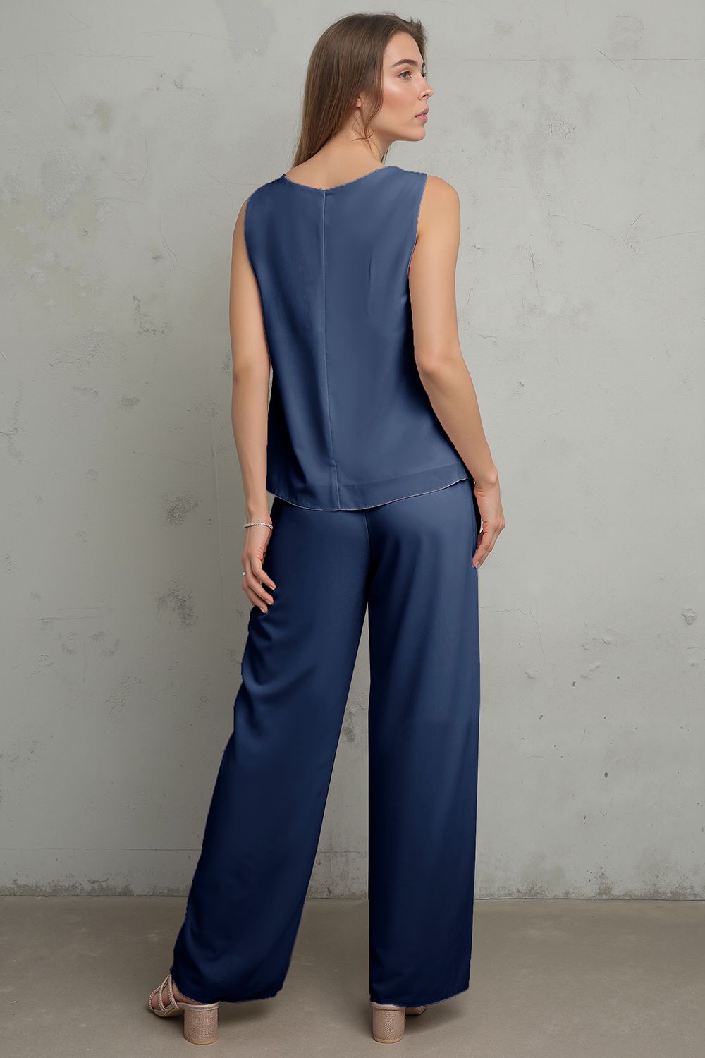 Navy Satin Boat Neck 3 Piece Mother of the Bride Pant Suits with Jacket