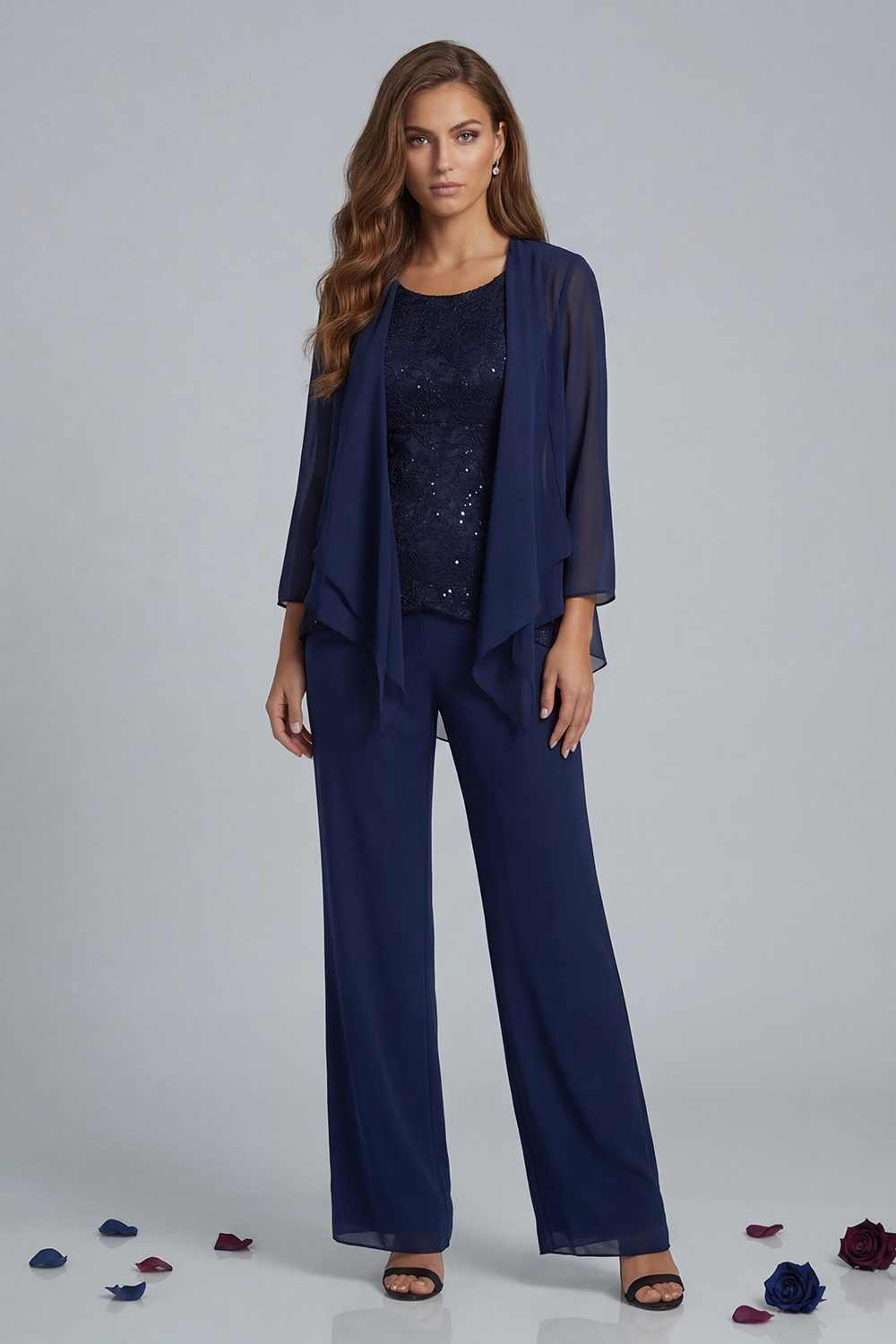 Royal Blue Ruffled Chiffon 3 Piece Mother of the Bride Pant Suits with Jacket