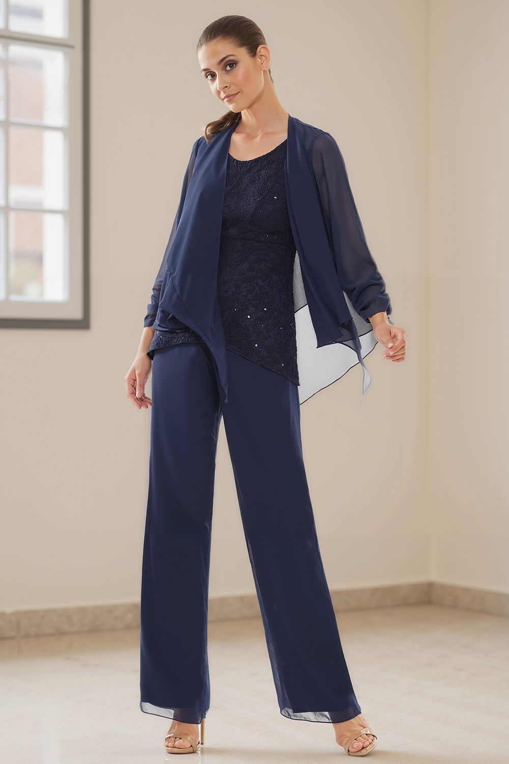 Royal Blue Tiered Chiffon 3 Piece Mother of the Bride Pant Suits with Jacket