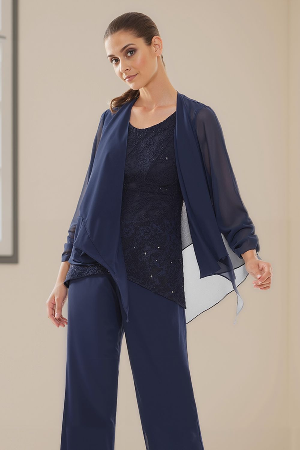 Royal Blue Tiered Chiffon 3 Piece Mother of the Bride Pant Suits with Jacket