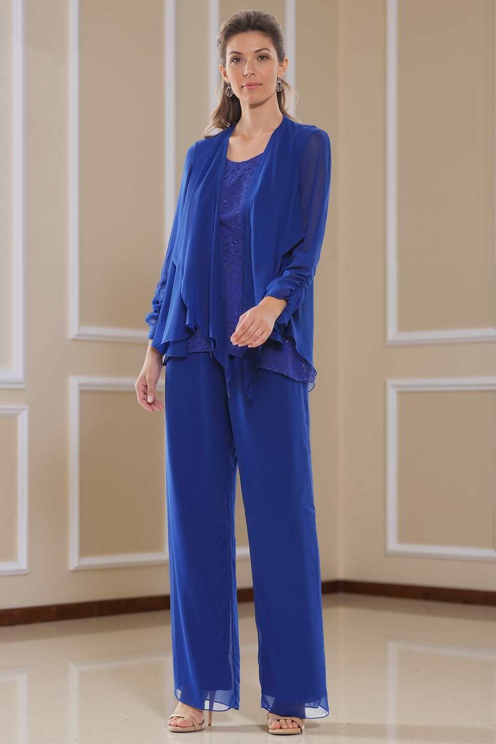 Royal Blue Tiered Chiffon 3 Piece Mother of the Bride Pant Suits with Jacket