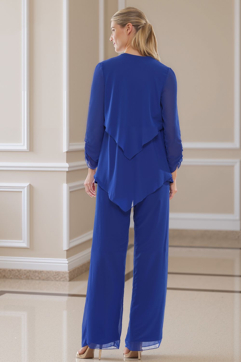 Royal Blue Tiered Chiffon 3 Piece Mother of the Bride Pant Suits with Jacket