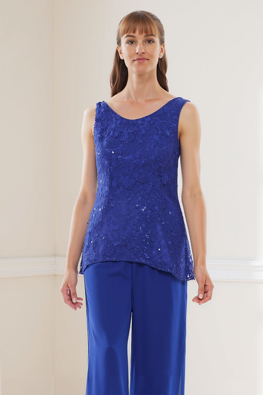 Royal Blue Tiered Chiffon 3 Piece Mother of the Bride Pant Suits with Jacket