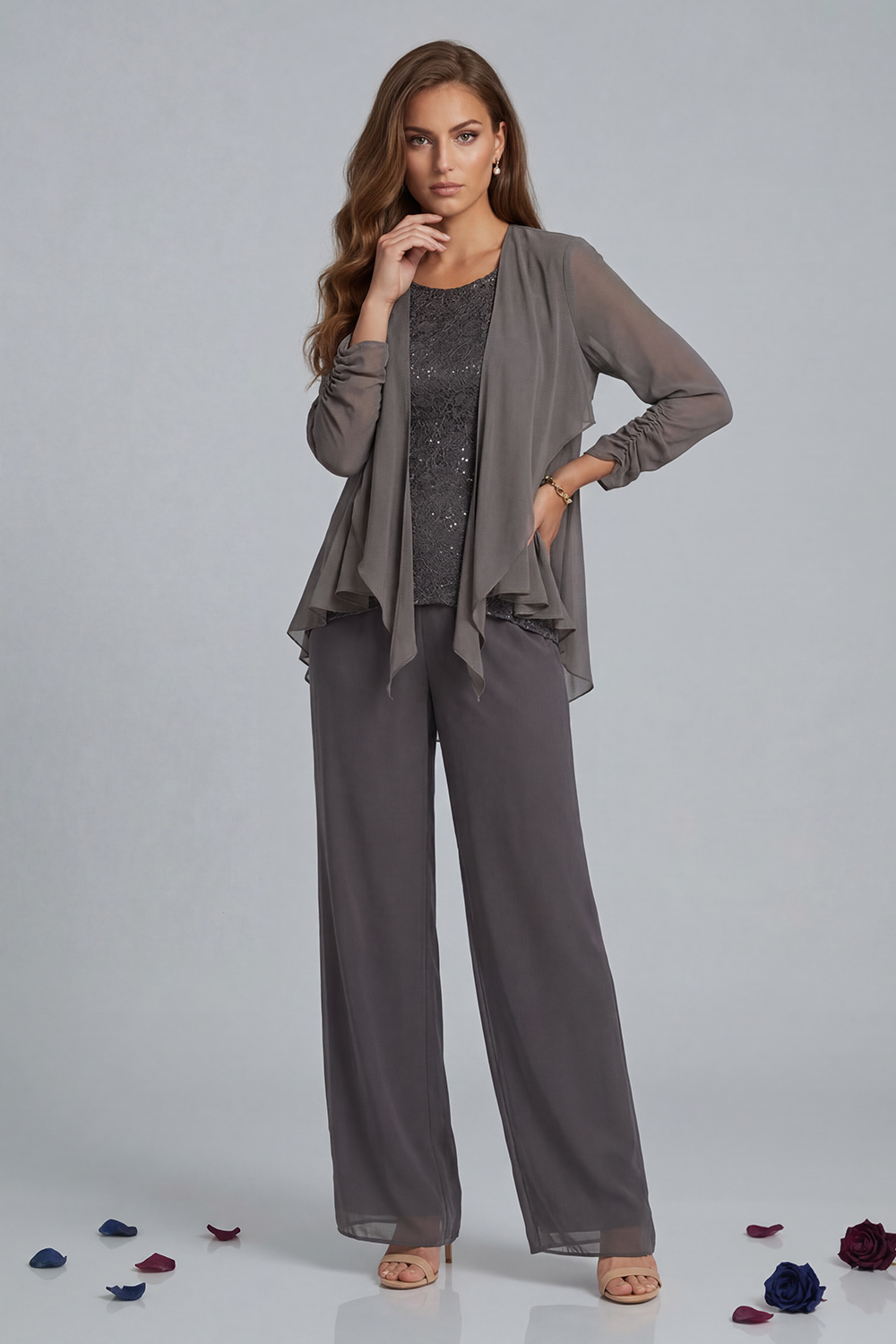 Royal Blue Ruffled Chiffon 3 Piece Mother of the Bride Pant Suits with Jacket