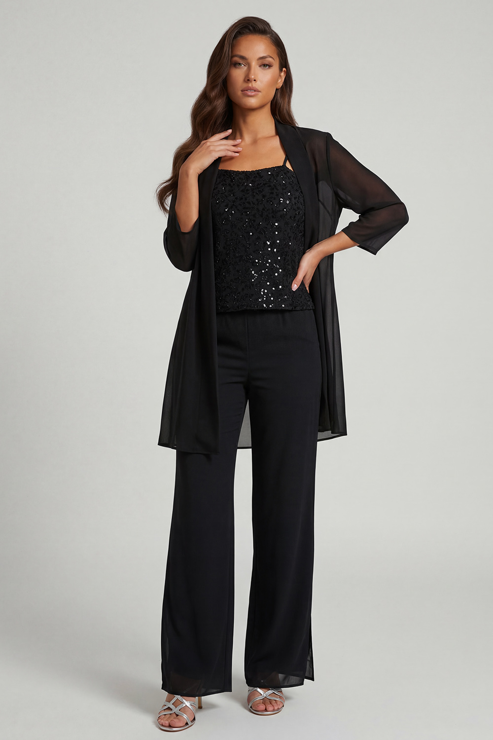Sparkly Black Sequin Thick Straps 3 Piece Mother of the Bride Pant Suits with Jacket