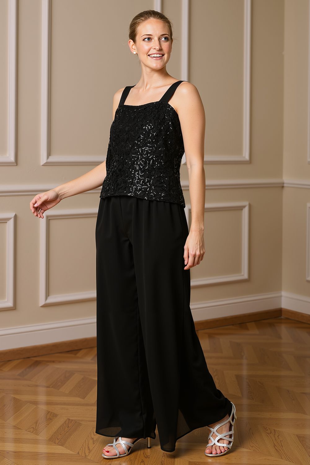 Sparkly Black Sequin Bateau Neck 3 Piece Mother of the Bride Pant Suits with Jacket