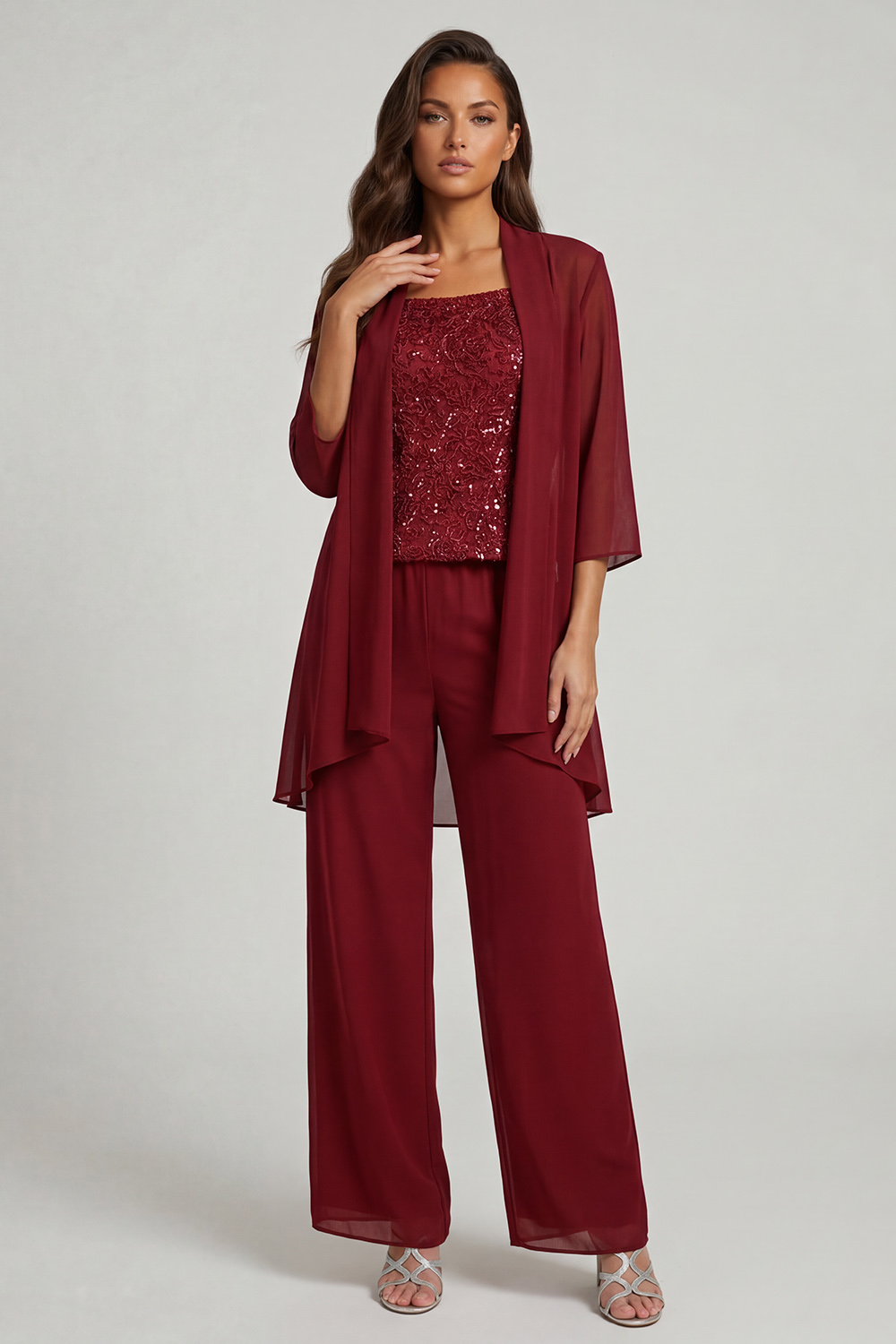 Sparkly Black Sequin Thick Straps 3 Piece Mother of the Bride Pant Suits with Jacket