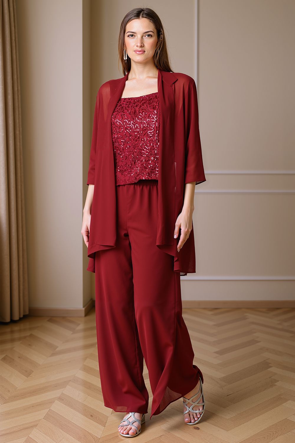 Sparkly Black Sequin Bateau Neck 3 Piece Mother of the Bride Pant Suits with Jacket