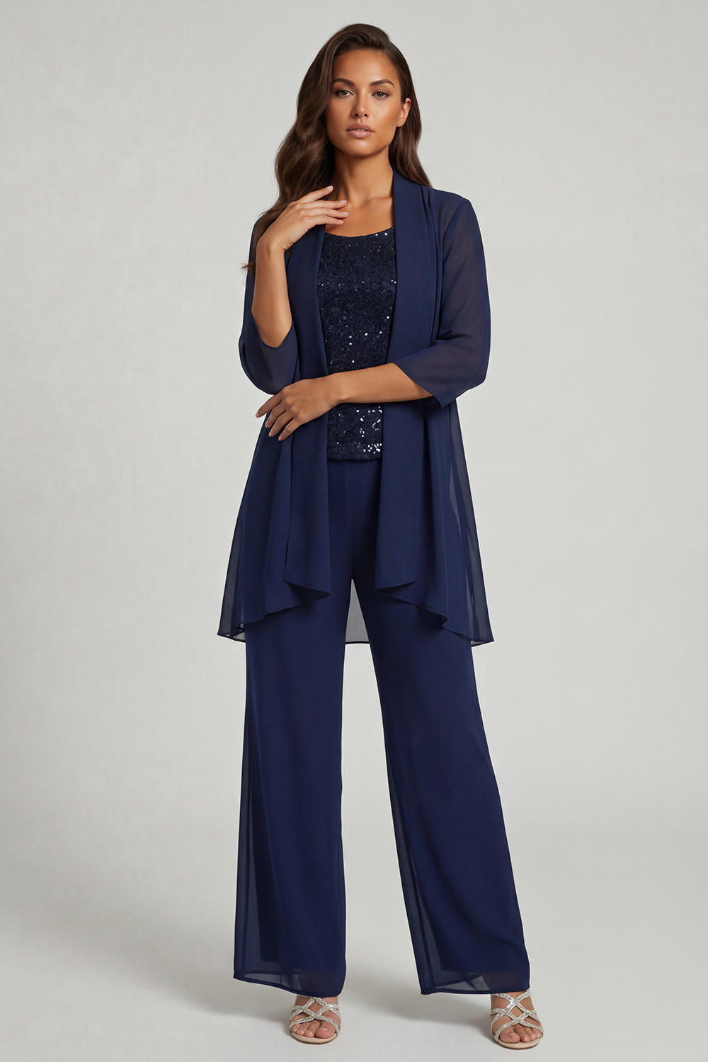 Sparkly Black Sequin Thick Straps 3 Piece Mother of the Bride Pant Suits with Jacket