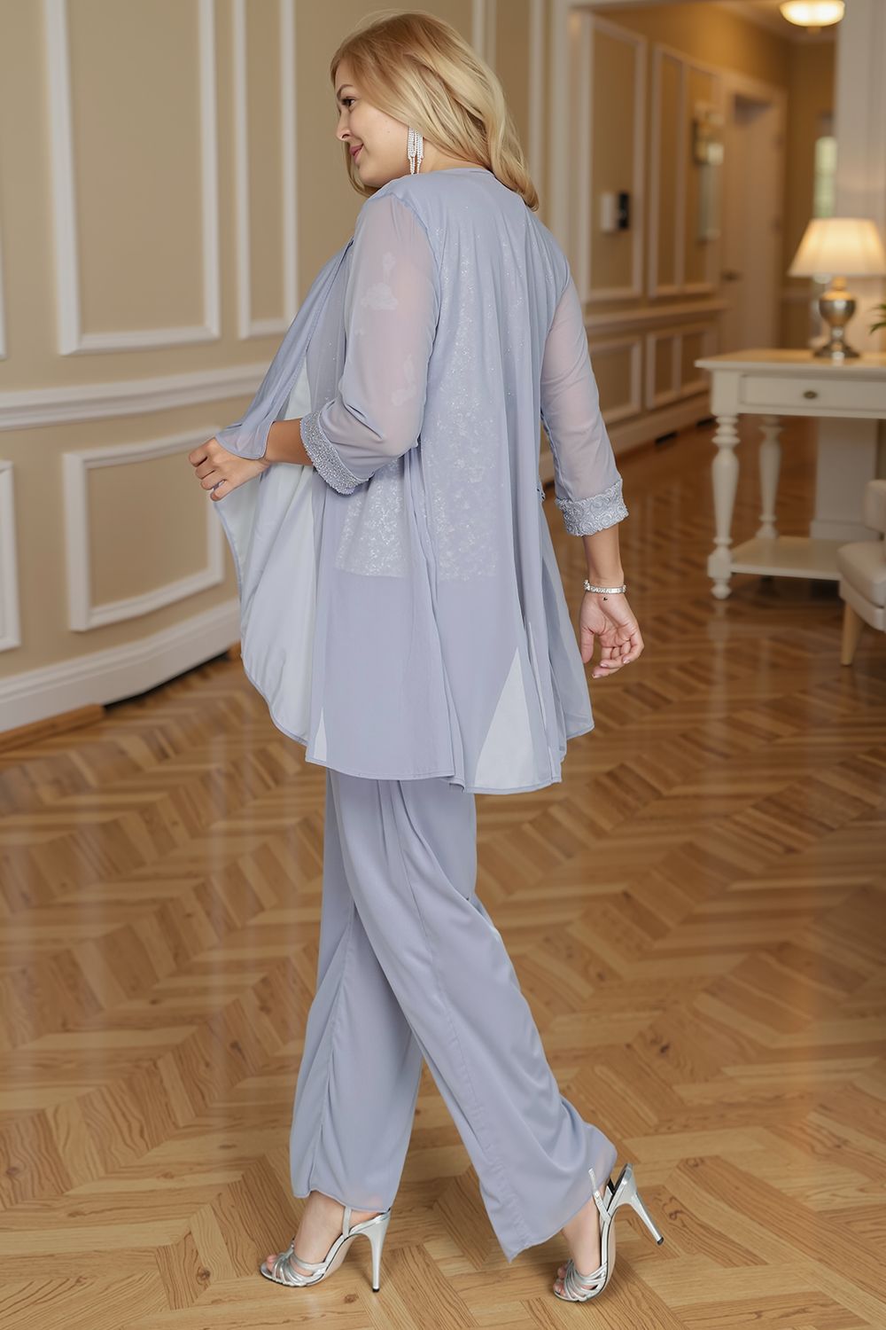 Dusty Blue Chiffon Boat Neck 3 Piece Mother of the Bride Pant Suits with Jacket