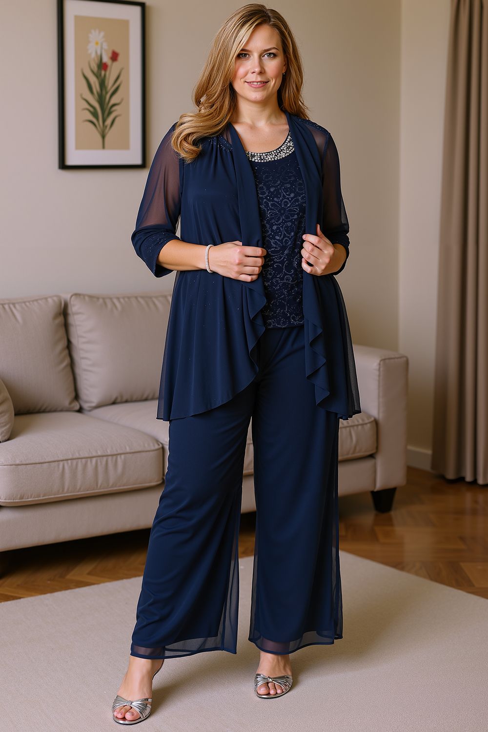 Dusty Blue Chiffon Boat Neck 3 Piece Mother of the Bride Pant Suits with Jacket