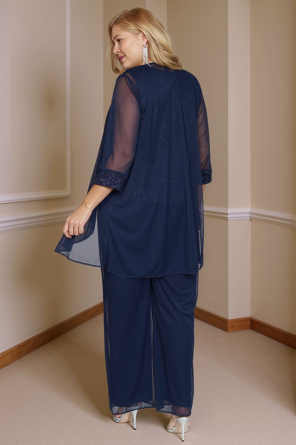 Dusty Blue Chiffon Boat Neck 3 Piece Mother of the Bride Pant Suits with Jacket