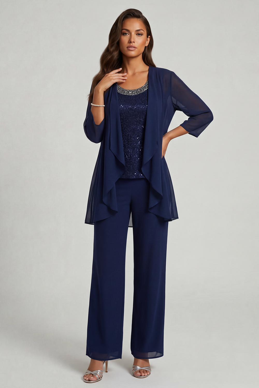 Grey Chiffon Scoop Neck 3 Piece Mother of the Bride Pant Suits with Jacket