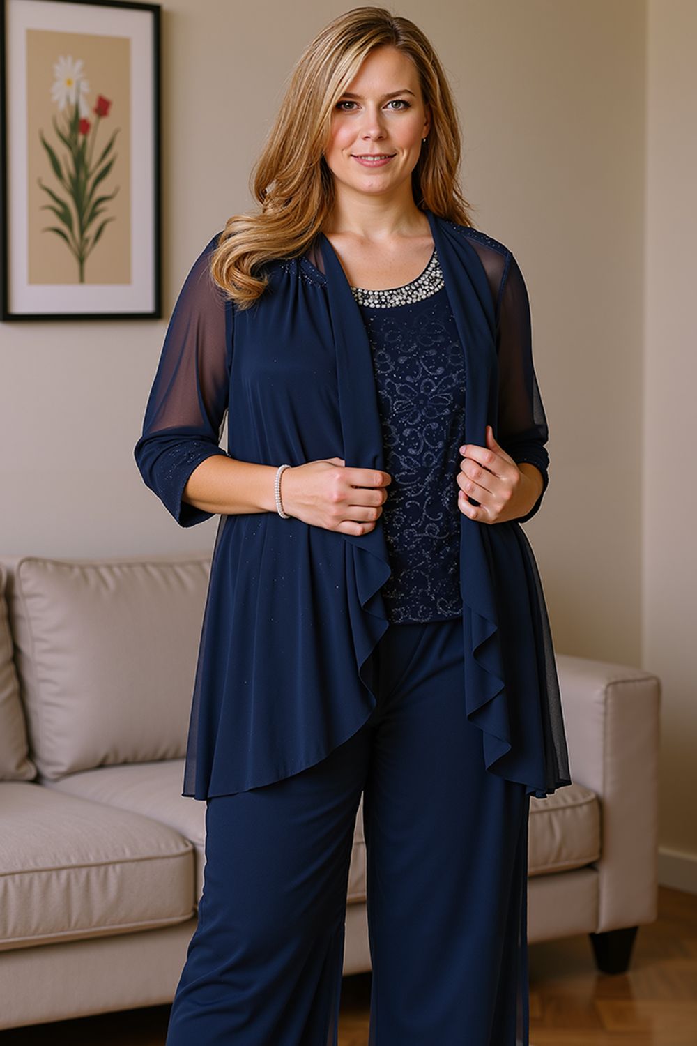 Dusty Blue Chiffon Boat Neck 3 Piece Mother of the Bride Pant Suits with Jacket