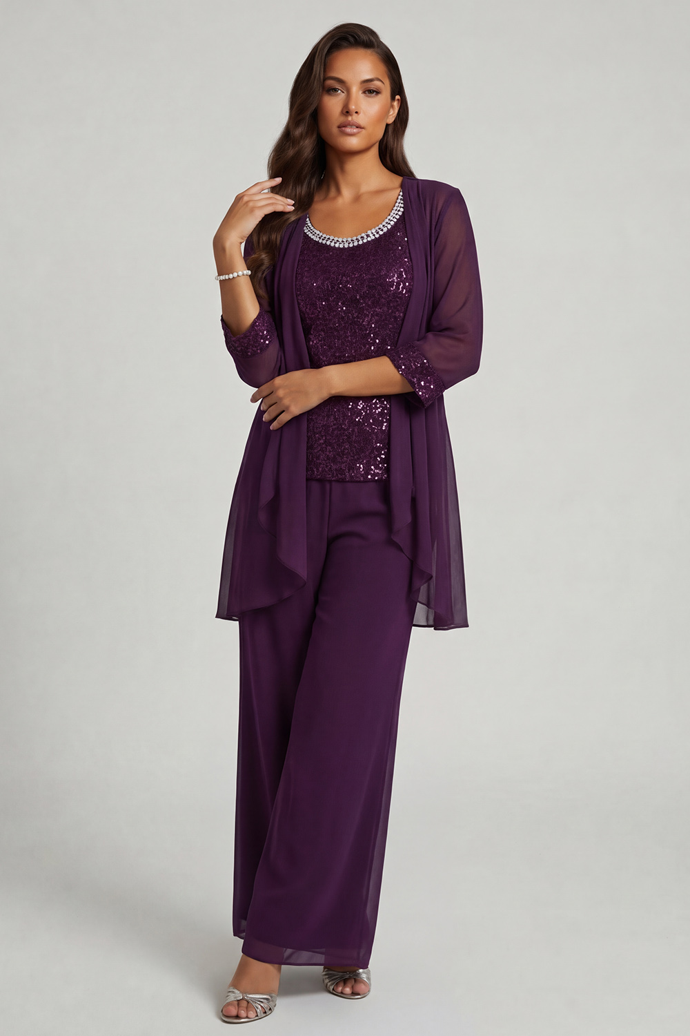Grey Chiffon Scoop Neck 3 Piece Mother of the Bride Pant Suits with Jacket