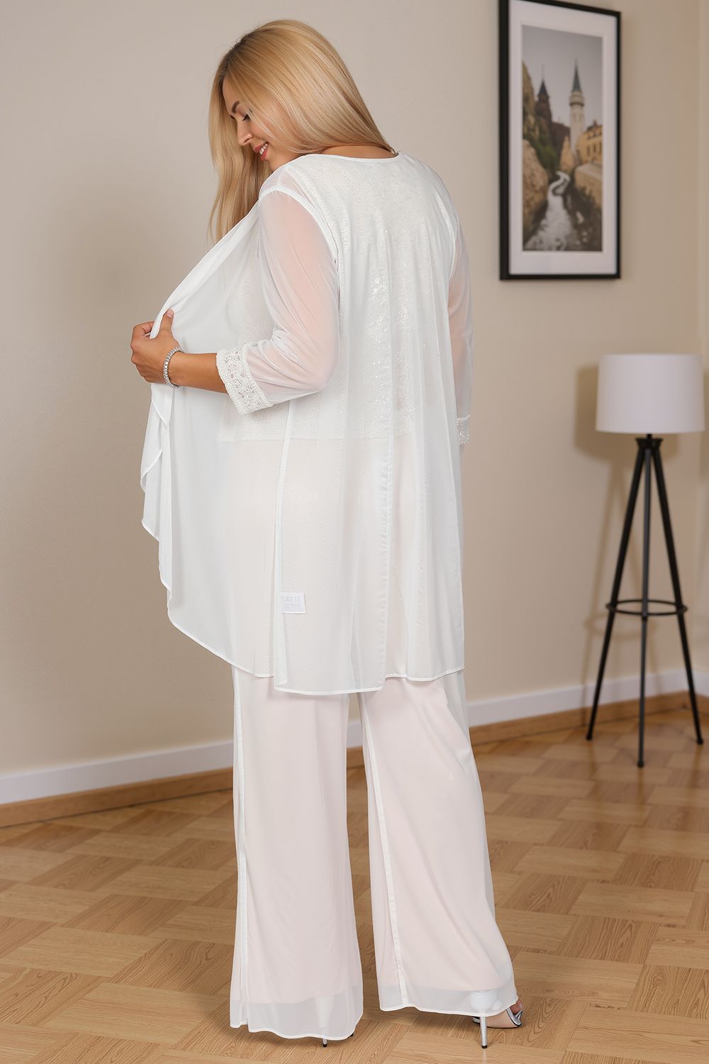 Dusty Blue Chiffon Boat Neck 3 Piece Mother of the Bride Pant Suits with Jacket