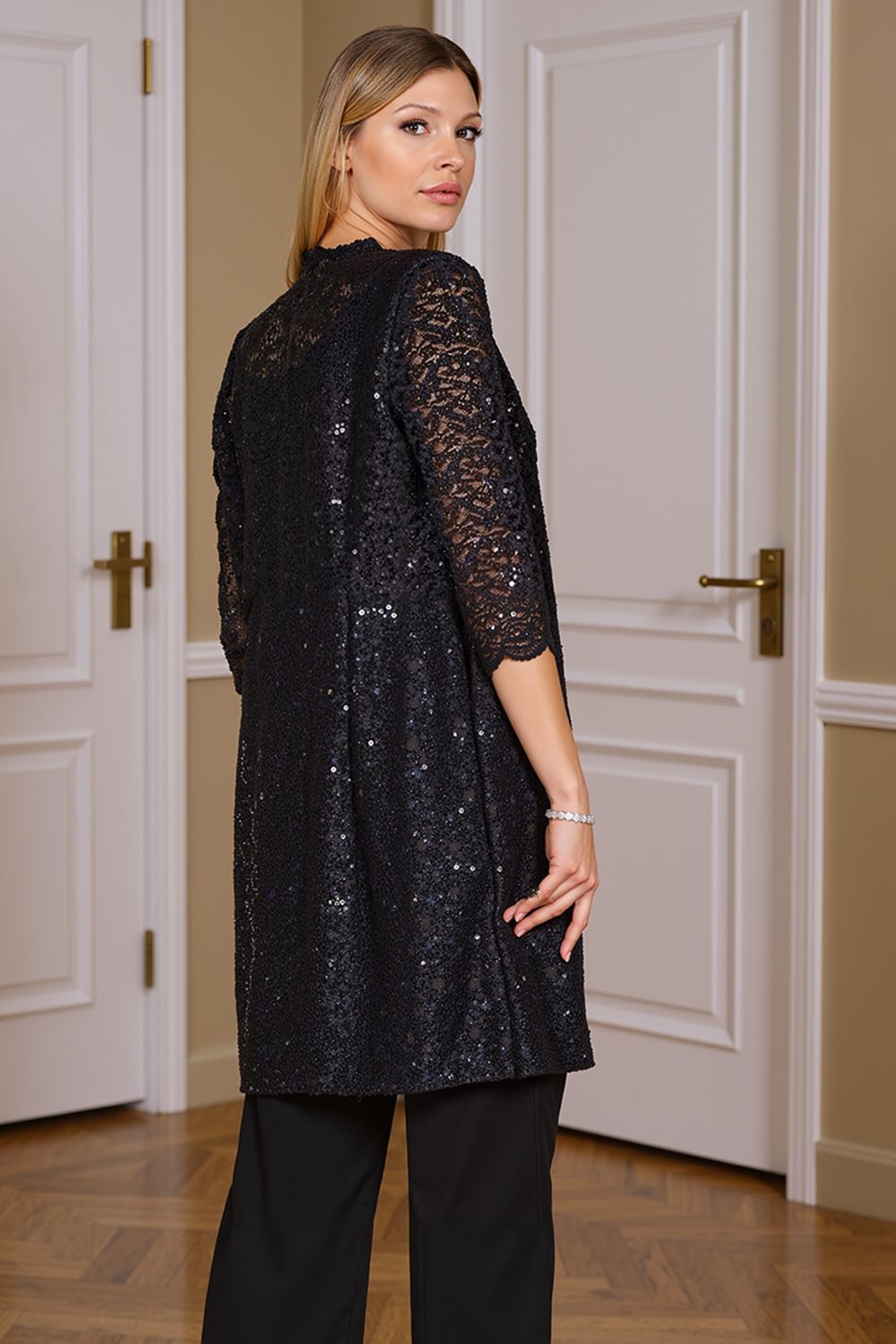 Sparkly Navy Sequin Bateau Neck 3 Piece Mother of the Bride Pant Suits with Jacket