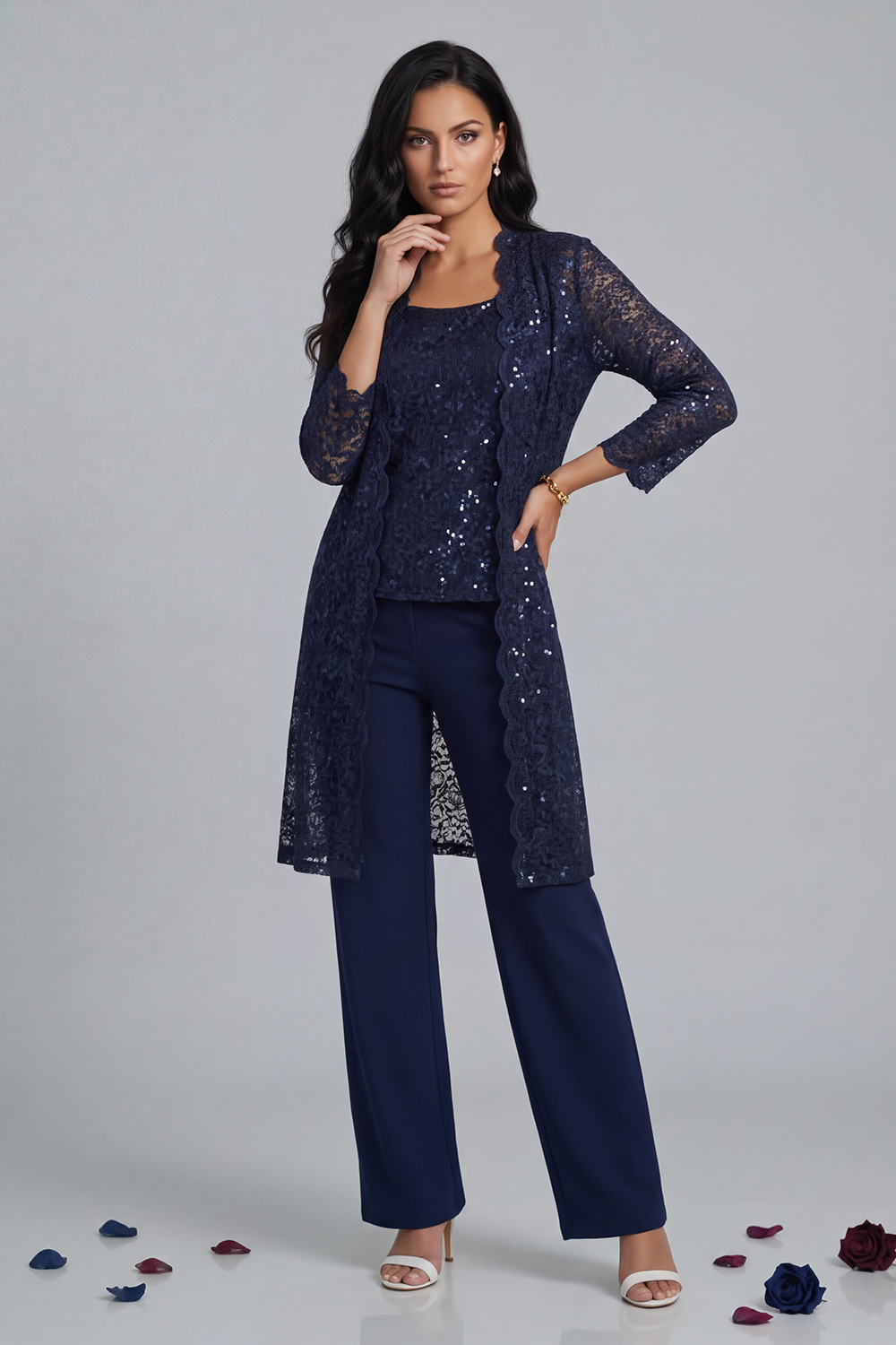 Sparkly Navy Sequin Boat Neck 3 Piece Mother of the Bride Pant Suits with Jacket