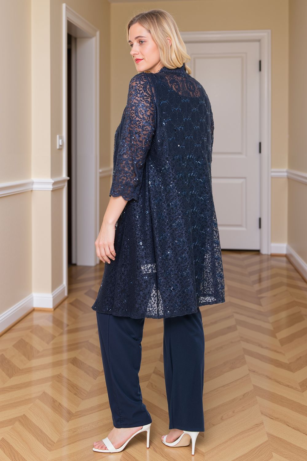 Sparkly Navy Sequin Bateau Neck 3 Piece Mother of the Bride Pant Suits with Jacket