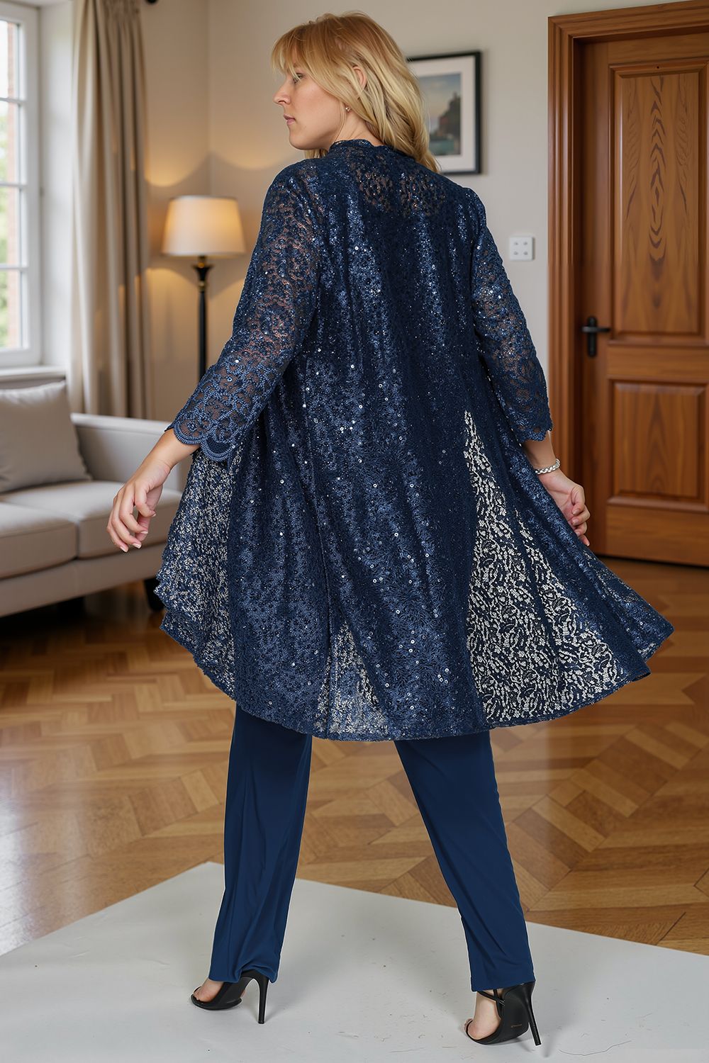 Sparkly Navy Sequin Bateau Neck 3 Piece Mother of the Bride Pant Suits with Jacket