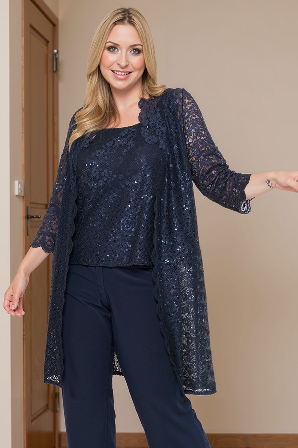 Sparkly Navy Sequin Bateau Neck 3 Piece Mother of the Bride Pant Suits with Jacket