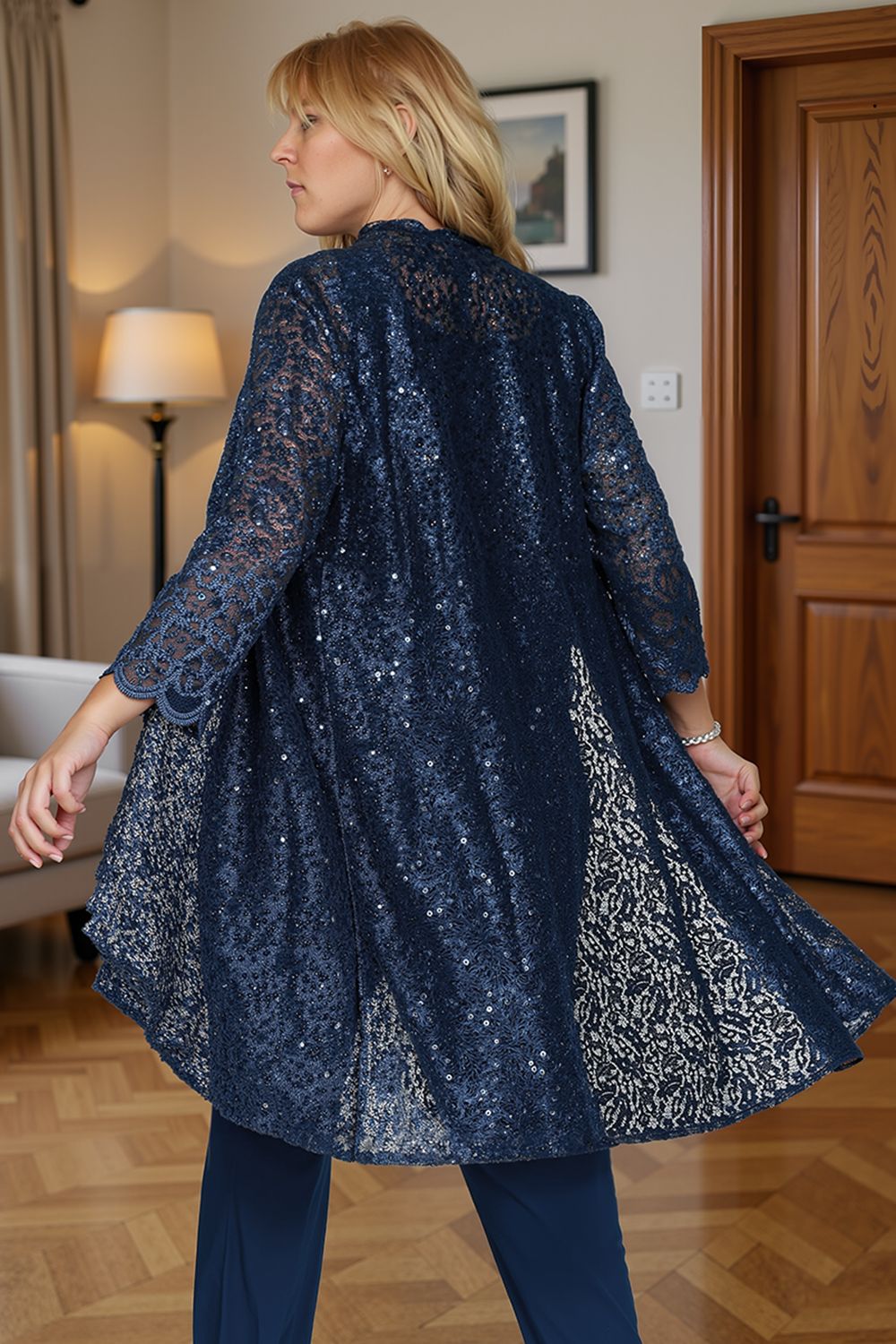 Sparkly Navy Sequin Bateau Neck 3 Piece Mother of the Bride Pant Suits with Jacket