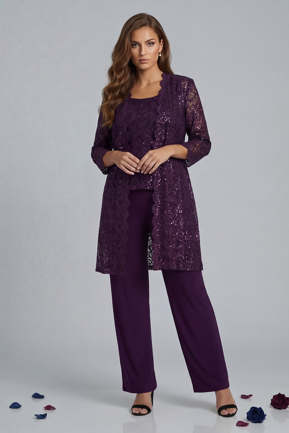 Sparkly Navy Sequin Boat Neck 3 Piece Mother of the Bride Pant Suits with Jacket