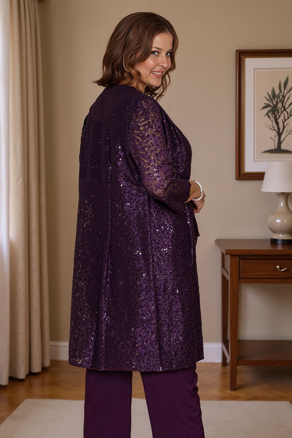 Sparkly Navy Sequin Bateau Neck 3 Piece Mother of the Bride Pant Suits with Jacket