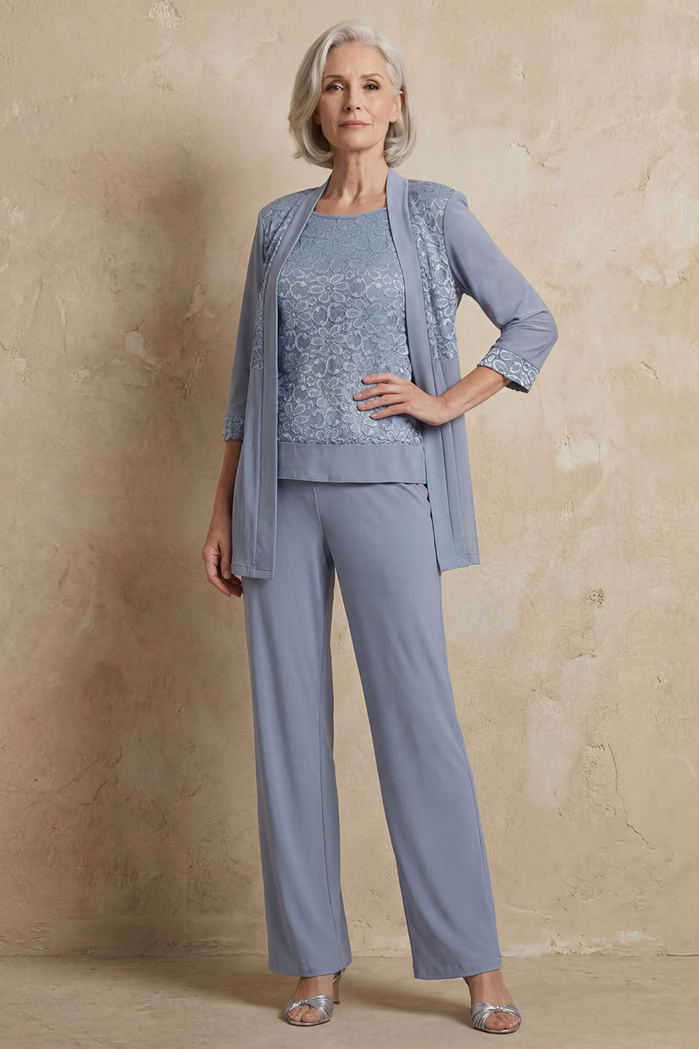 Dusty Rose Floral Chiffon 3 Piece Mother of the Bride Pant Suits with Jacket