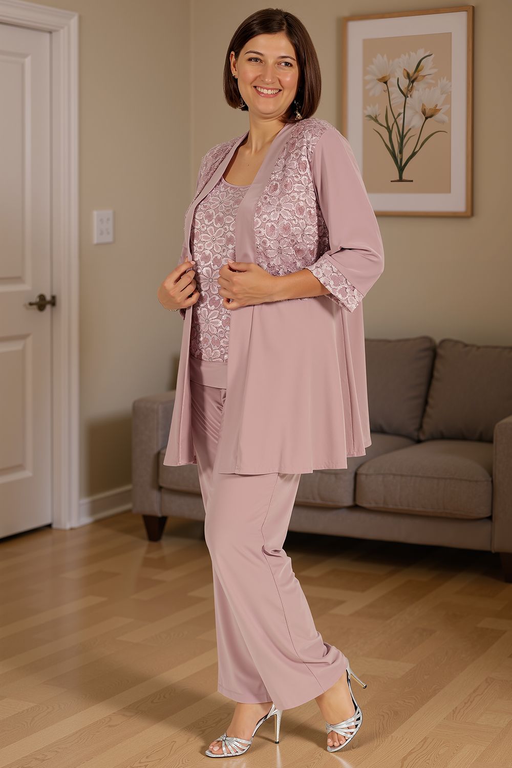 Dusty Rose Floral Chiffon 3 Piece Mother of the Bride Pant Suits with Jacket