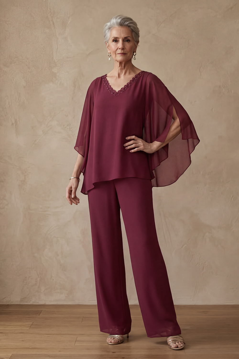 Sparkly Black Beaded V-Neck Mother of the Bride Pant Suits