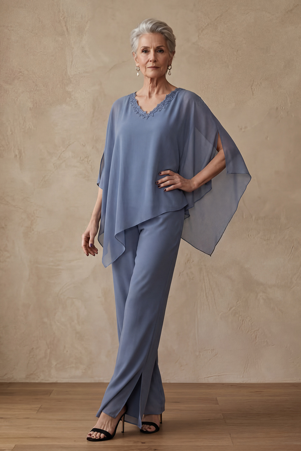 Sparkly Black Beaded V-Neck Mother of the Bride Pant Suits