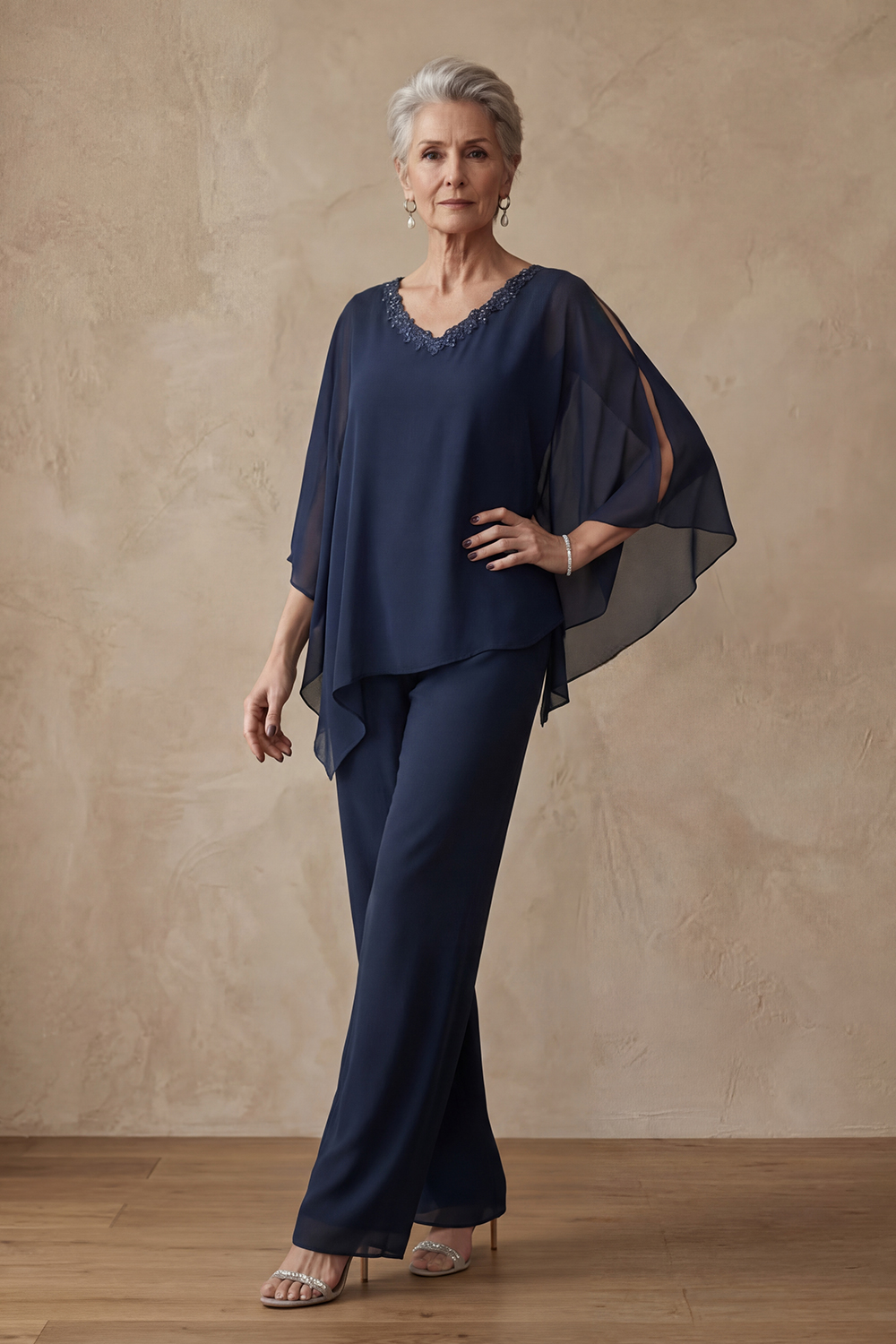 Sparkly Black Beaded V-Neck Mother of the Bride Pant Suits