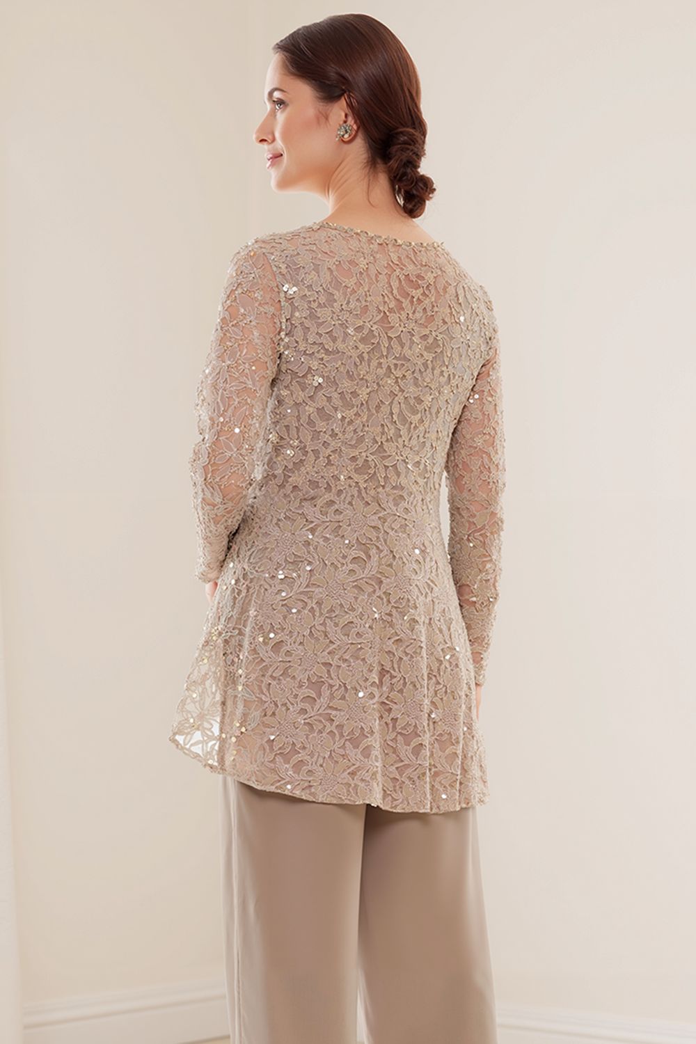 Steel Grey Glitter Sequin Boat Neck 3 Piece Mother of the Bride Pant Suits