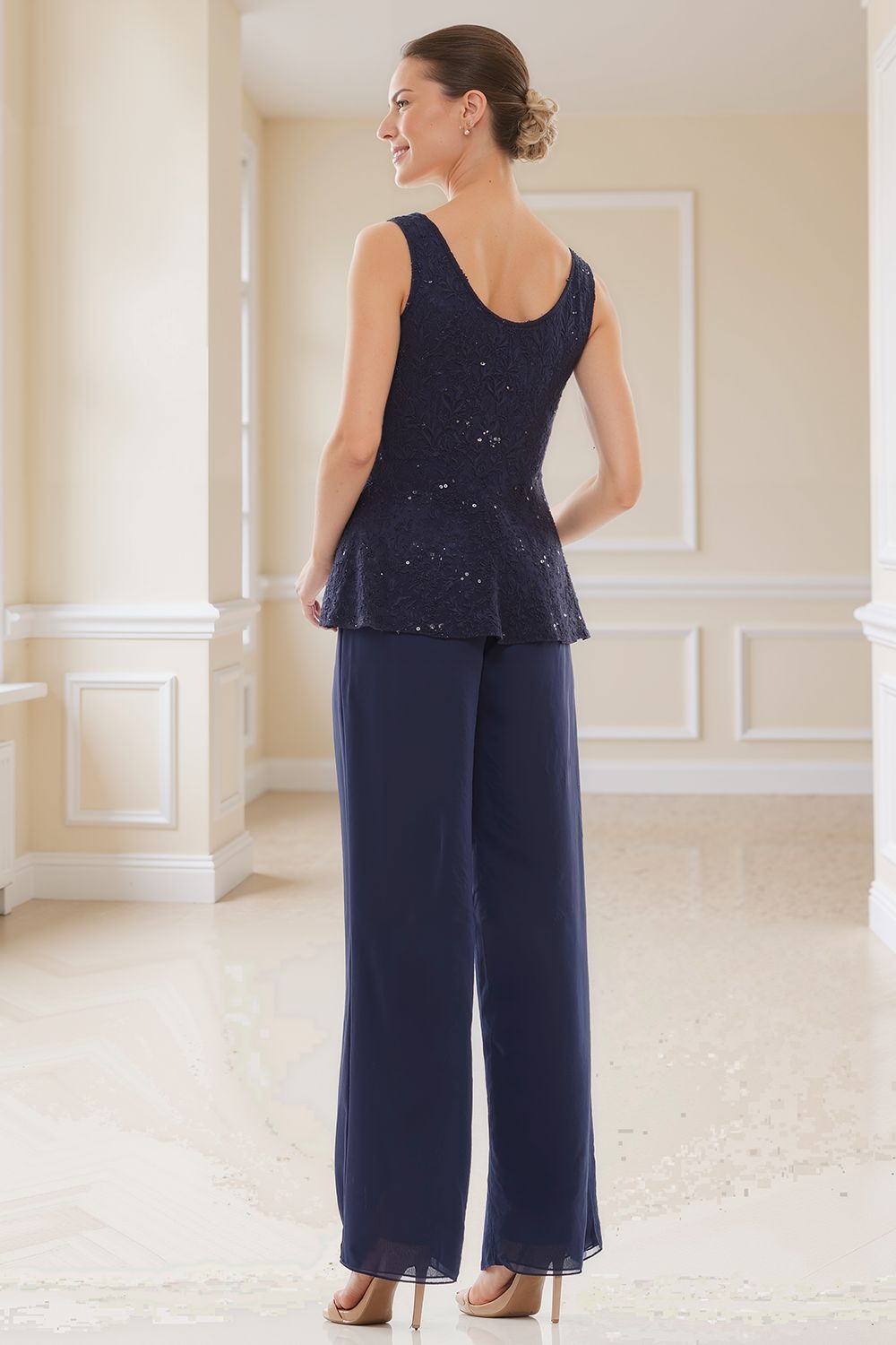 Steel Grey Glitter Sequin Boat Neck 3 Piece Mother of the Bride Pant Suits