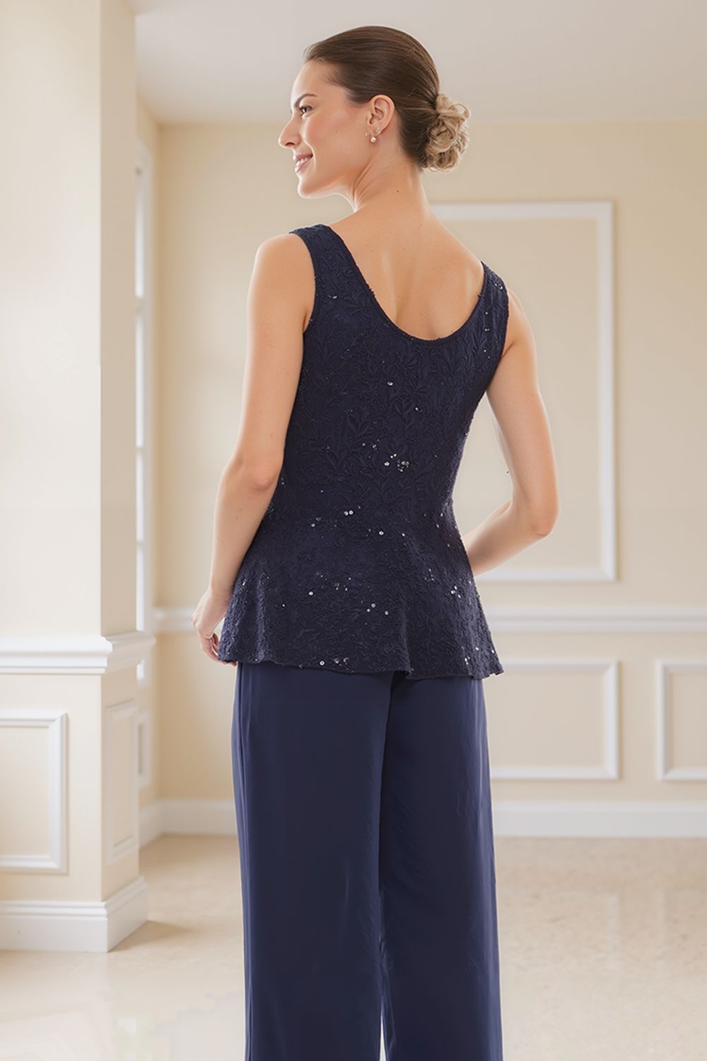 Steel Grey Glitter Sequin Boat Neck 3 Piece Mother of the Bride Pant Suits