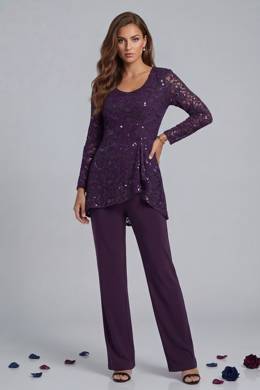 Glitter Plum Sequin Scoop Neck 3 Piece Mother of the Bride Pant Suits with Jacket