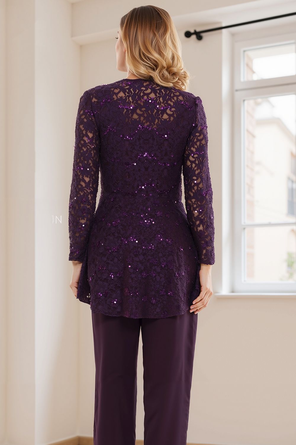 Steel Grey Glitter Sequin Boat Neck 3 Piece Mother of the Bride Pant Suits